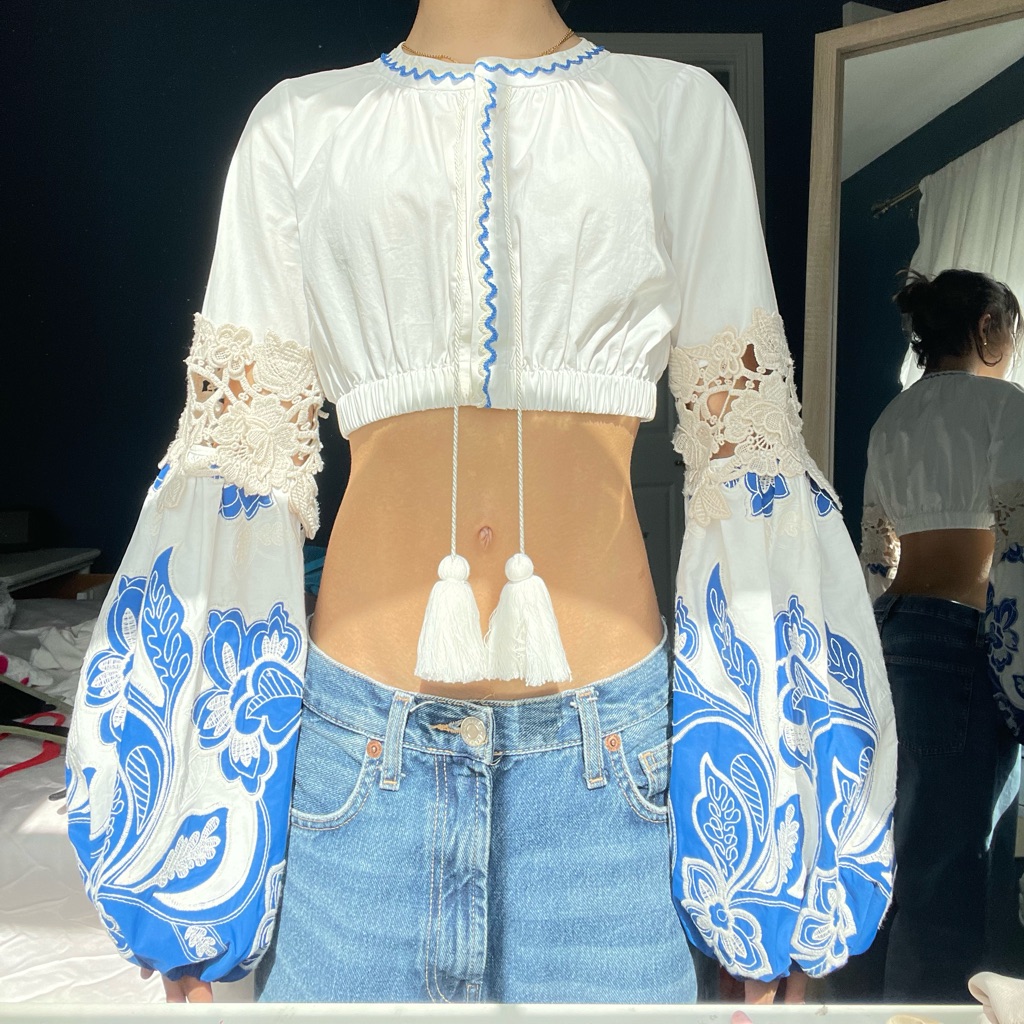 Alexis Fabia Floral Embroidered Puff Sleeve Cropped Top